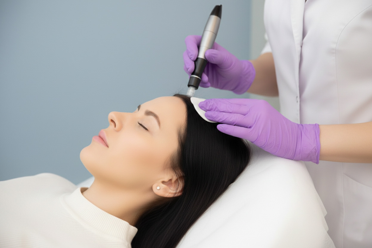 девушка делает фракционную мезотерапию на голове